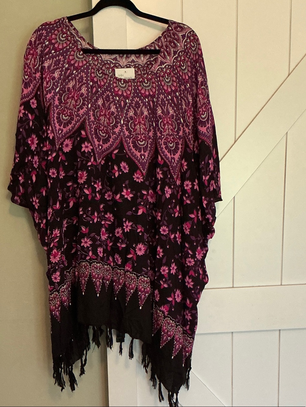 Purple and Black Floral Fringe Poncho